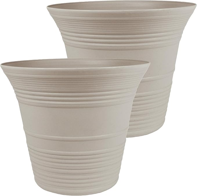 The HC Companies 12 Inch Sedona Round Self Watering Planter Pots, Lightweight UV-Resistant Plastic Indoor & Outdoor Planters, 2-Pack Flower Pots for Garden & Home Decor, Cottage Stone