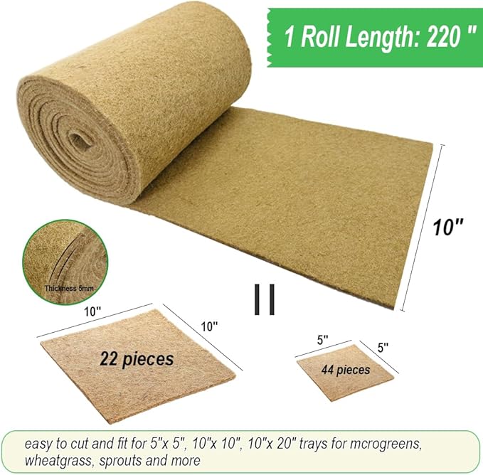 1 Roll 10" x 220" Microgreens Growing Trays Jute Mat Kits, Hydroponic Planting Mat & Seed Germination Pad for Wheatgrass, Bean Sprouts, Hydroponic Seed Growing | Works with Growing Trays