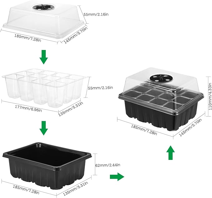 10 Pack Seed Starter Trays 12-Cell Seedling Box with Humidity Adjustment Transparent Domes and Base Trays for Garden Seedling Seed Starting Growing Germination