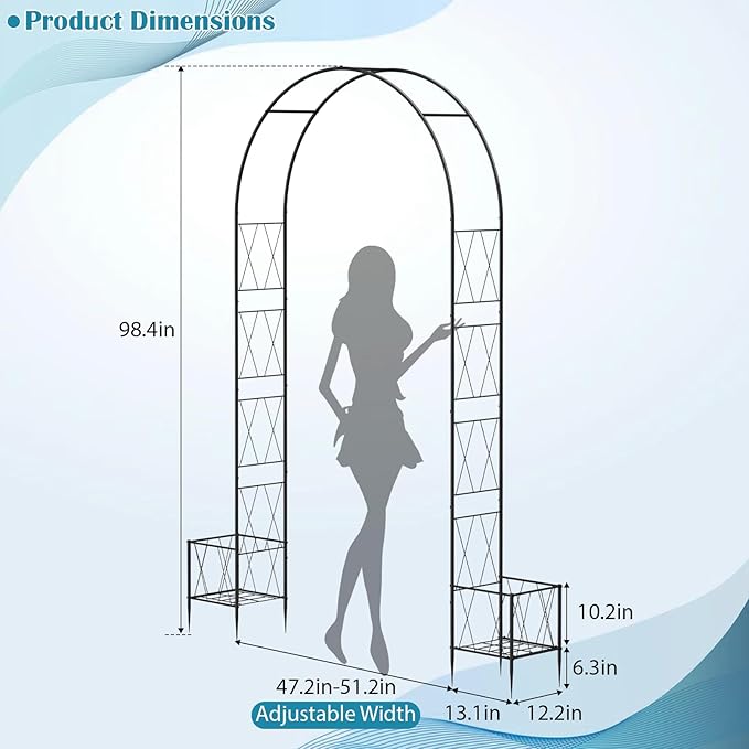 Metal Garden Arch Trellis for Climbing Plants Outdoor, 8.2FT Garden Arbors Archway Arched Trellis with Planter Boxes, Wedding Arches for Ceremony Arch Backdrop Stands for Party Decorations, Black