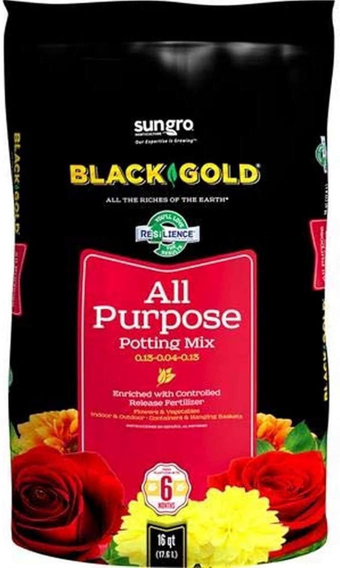 SunGro Black Gold All Purpose Potting Soil Fertilizer Mix for House Plants, Vegetables, Herbs and More, 16 Quart Bag (6 Pack)