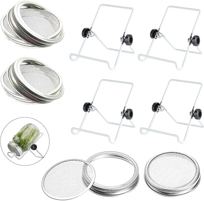 Sprouting Lids Growing Kit - 316 Stainless Steel Sprouting Lids for 86mm Wide Mouth Mason Jar with Adjustable White Stands - Organic Sprouts, Broccoli, Alfalfa Mung Bean Sprout Kit (Set of 4)