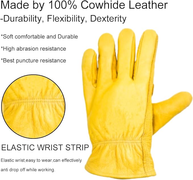 3 Pairs Leather Work Gloves for Men, Durable Gardening Gloves, Cowhide Work Gloves for Driver, DIY, Construction