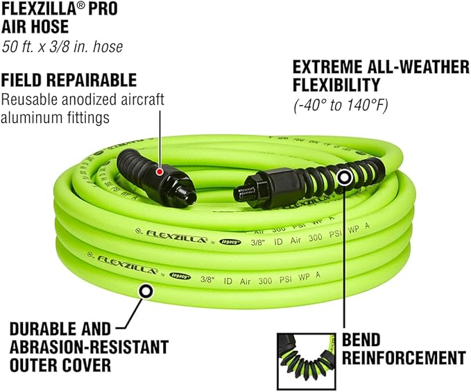 Flexzilla Open Face Retractable Air Hose Reel, 3/8 in. x 50 ft., Heavy Duty, Lightweight, Hybrid, ZillaGreen - L8611FZ & Pro Air Hose, 3/8 in. x 50 ft, Heavy Duty, Lightweight, Hybrid, ZillaGreen