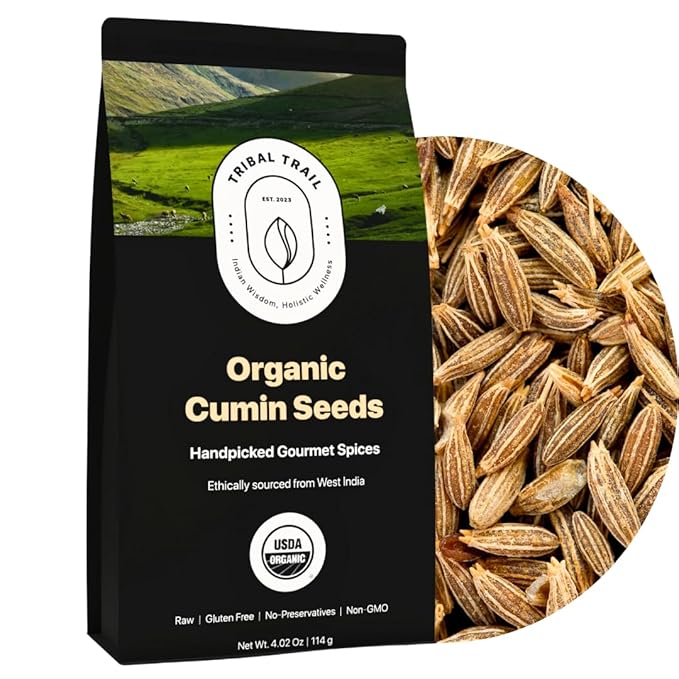 Tribal Trail Cumin Seeds Organic (Whole) | 4.02 oz | USDA Organic & Non-GMO | Recyclable Kraft Bags | Best for Cooking, Seasoning & Spice Blends | Ethically Sourced Spices from India