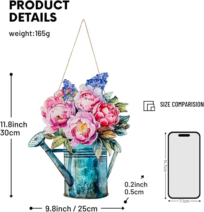 Quterhero Watering Can Flower Wall Decor, Metal Hanging Art for Indoor Outdoor Wall or Porch, Vintage Farmhouse Porch Decor Gift for Mom, Women, Friends(Peony)