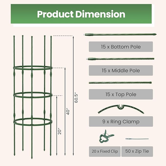 Giantex 3-Pack Tomato Cages, 60.5”Hx20” PE-Coated Metal Plant Cages & Supports w/Adjustable Height, 2-in-1 Round Trellis for Climbing Flower Vegetable Fruit, Potted Plant