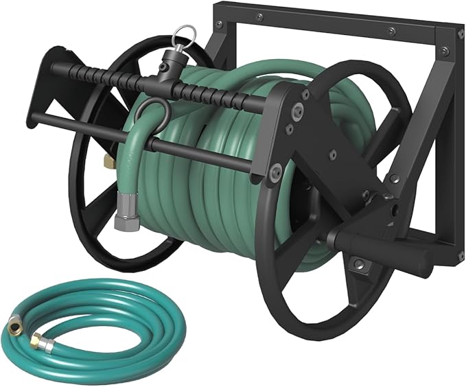 Wall Mounted Reciprocating Garden Hose Reel with Hose Guide, Outdoor Heavy Duty Metal Water Hose Holder Storage Rack Holds 125ft of 5/8'' Hose with Brass Fitting & 3.9ft Leader Hose, Black