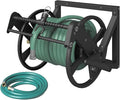 Wall Mounted Reciprocating Garden Hose Reel with Hose Guide, Outdoor Heavy Duty Metal Water Hose Holder Storage Rack Holds 125ft of 5/8'' Hose with Brass Fitting & 3.9ft Leader Hose, Black