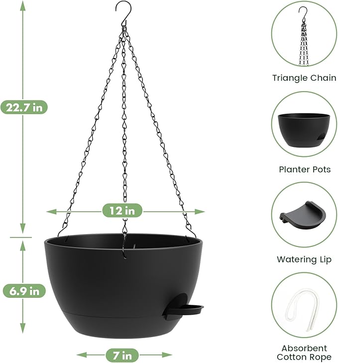 2 Pack 12 Hanging Flower Pots with Chains Self Watering Plastic Planters for Indoor Outdoor Plants, Sturdy Triangular Iron Chain Design for Garden PorchPlastic Hanging Flower pots (2, Black)