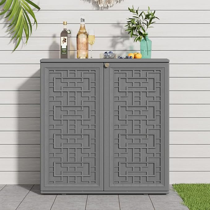 KINYING Outdoor Storage Cabinet Waterproof, Resin 62 Gallon Deck Box for Patio Furniture Cushions, Garden Tools, Pool Tools and Kids’ Toys (Grey with 1 Shelving)
