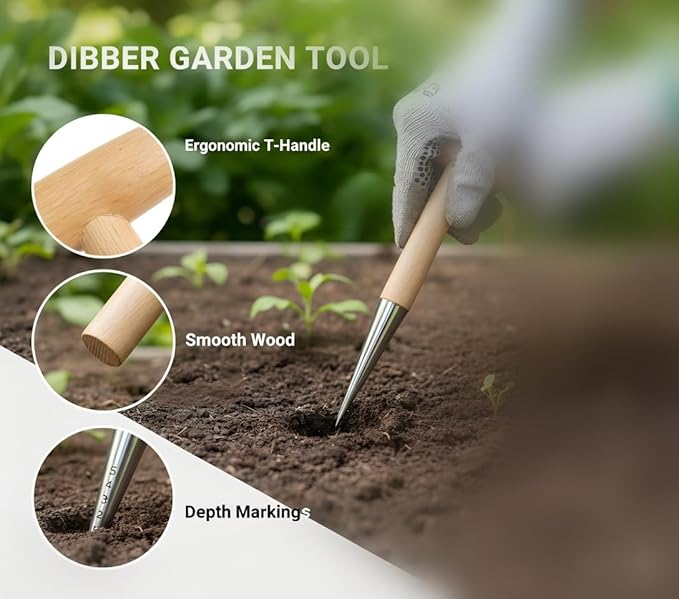 Seed Dibber Planter Tool, Bulb Hand Dibbler Gardening Tool with Depth Markings, 11'' Garden Wooden T-Handle Bulb Planting Tool with Metal Tip for Garlic, Tulips, Daffodils, Vegetable & Flower