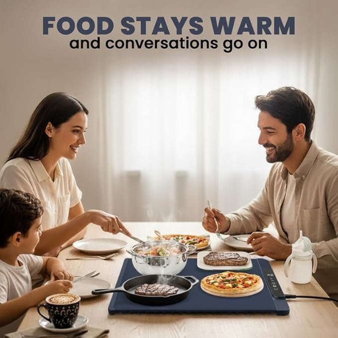 17"x15" Dark Blue Electric Food Warming Silicone Mat - 10 sec Fast & Even Heating Tray - Upto 10 Hrs Timer, 50-100°C Adjustable Temp, Child Lock & Safety Edge - Portable Kitchen Countertop Warmer Pad