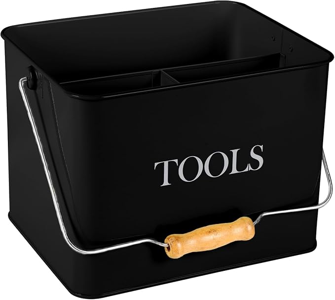 Garden Tool Organizer - Metal Caddy With 3 Compartments, Portable Basket With Handle, Kit Holder Empty, Storage for Indoor and Outdoor Use - Black