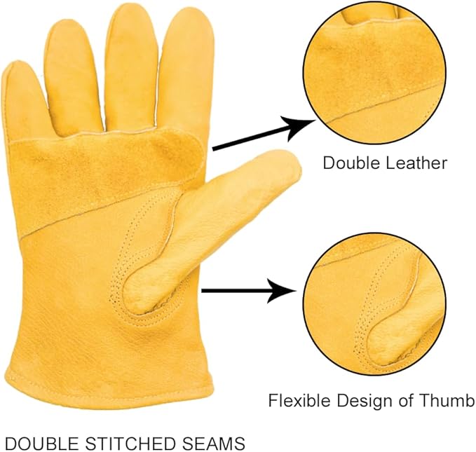 3 Pairs Leather Work Gloves for Men, Durable Gardening Gloves, Cowhide Work Gloves for Driver, DIY, Construction