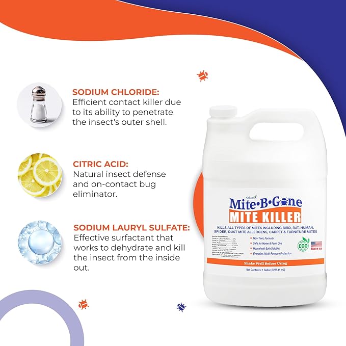Mite Killer Spray - 1 Gal Natural Mite Treatment Kills Human, Dust, Chicken, Poultry, Bird, Carpet & Rat Mites in Homes and Farm | Family & Pet Safe by Mite-Be-Gone