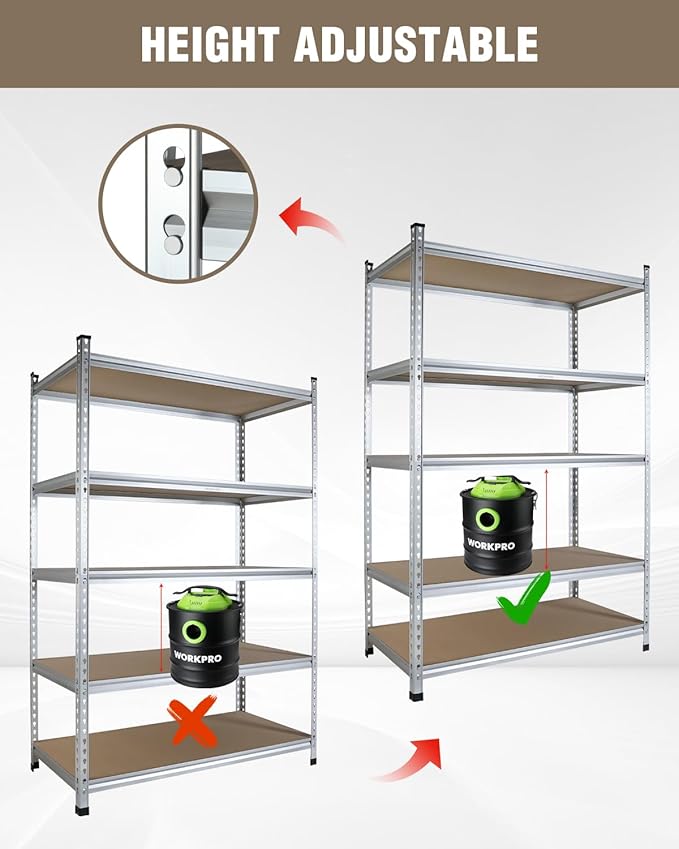 WORKPRO 5-Tier Storage Shelving Unit, 48”W x 24”D x 72”H, Adjustable Storage Rack Heavy Duty Aluminum Alloy Shelf, 2750 lbs Load Capacity (Total), for Garage, Kitchen, Bathroom, Warehouse