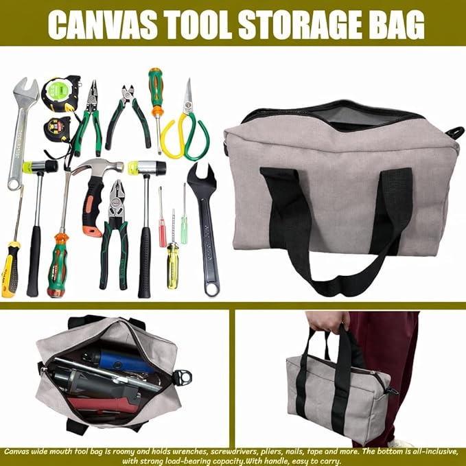 BLIRITEL Wide Mouth Tool Bag, Heavy Duty Canvas Tool Storage Bag, Large Capacity Handbag, Multi-function Tool Organizer Tote Bag for Storage Wrenches Pliers (Gray, 14 Inch)