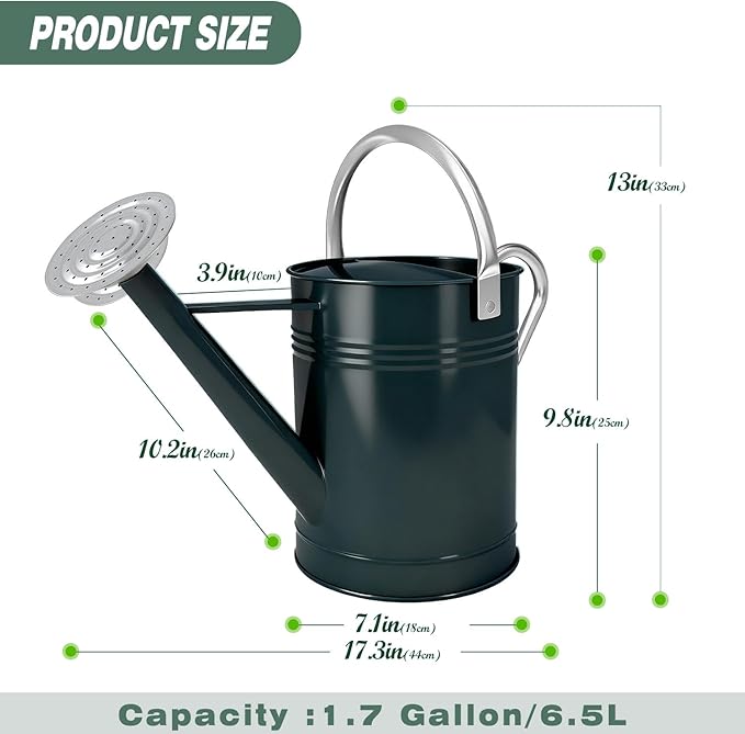 Metal Watering Can for Outdoor Plants, 1.7 Gallon Dark Green Garden Watering Can for Flower, Houseplants, Galvanized Finish