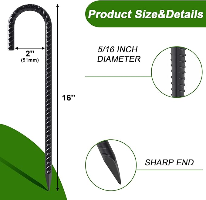 AAGUT Rebar Stakes 16 Inch J Hook Heavy Duty 16 Pack, 5/16 Inch Black Coated Metal Steel Ground Anchors Chain Link Fence Stakes for Camping Tent, Inflatables, Yard Decorations, Canopies & Swing Sets