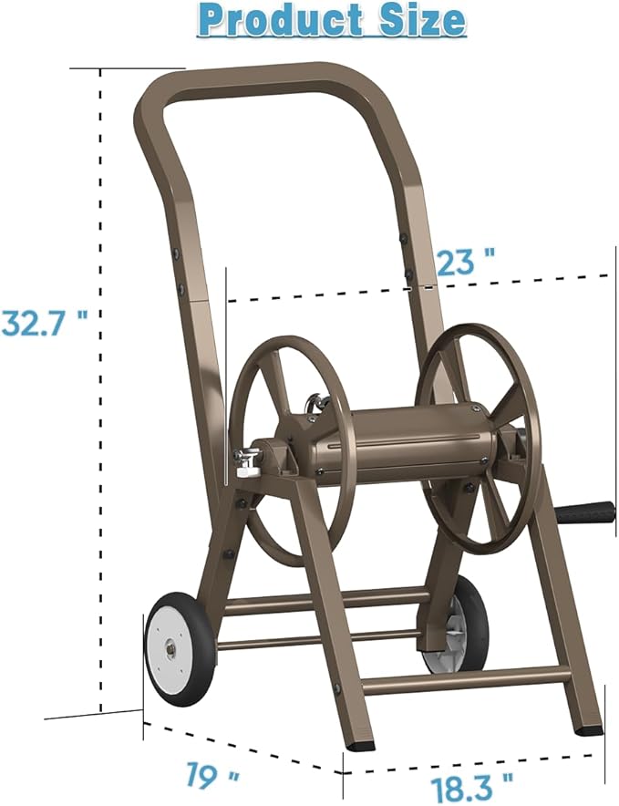 Garden Hose Reel Cart with Wheels, Holds 165 ft of 5/8’’ Hose Outdoor Heavy Duty Powder-coated Steel Water Storage Winder Holder with 3.9 Ft Leader Hose for Outside Lawn Yard, Brown