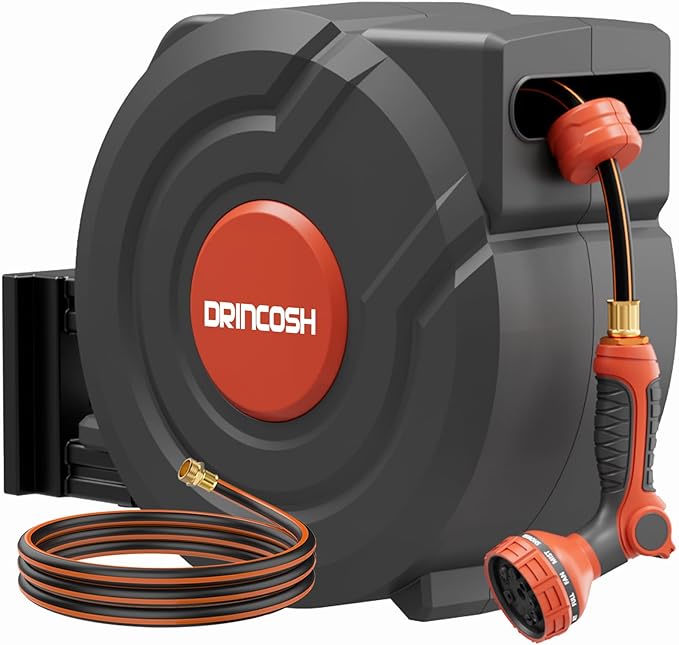 Retractable Garden Hose Reel 130 ft 1/2 inch Automatic Rewind with Any-Length Lock 9 Pattern Nozzle 180° Swivel Wall-Mounted Hose Reel for Home Yards
