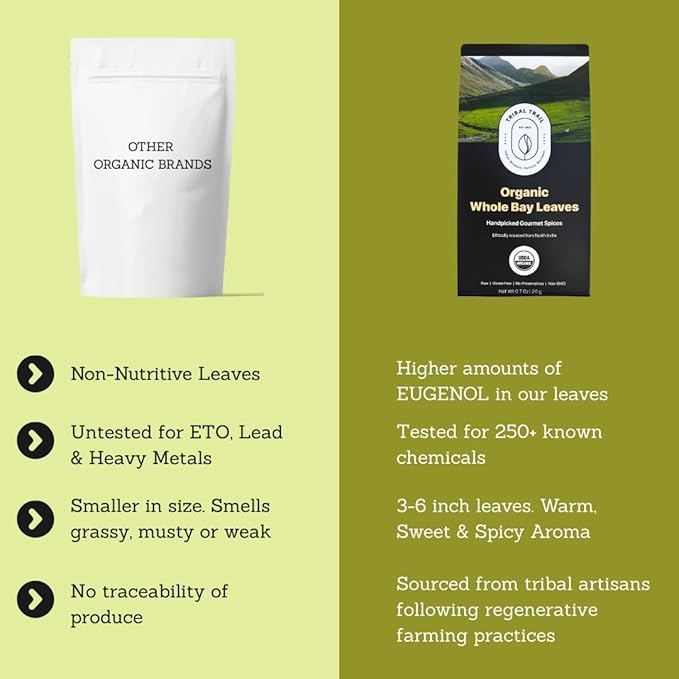 Tribal Trail Organic Bay Leaves Whole | 0.71 oz | USDA Organic & Non-GMO | Ethically Sourced Spices from North India | Recyclable Kraft Bags | Best for Cooking, Seasoning & Infusions