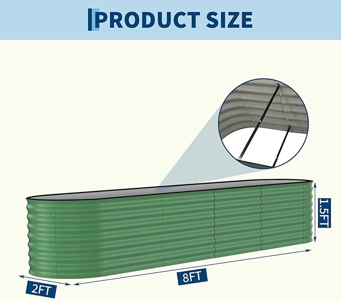Garvee 2 Pack 8x2x2ft Galvanized Raised Garden Bed Kit, Oval Metal Planter Boxes with Anti-Cut Safety Edges, Rust-Resistant Deep Root Planters for Outdoor Vegetables, Flowers, Herbs, Green