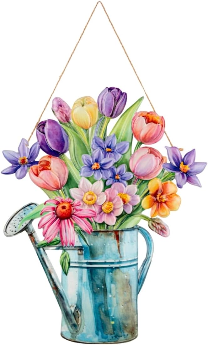 Quterhero Watering Can Flower Wall Decor, Metal Hanging Art for Indoor Outdoor Wall or Porch, Vintage Farmhouse Porch Decor Gift for Mom, Women, Friends (Tulip)