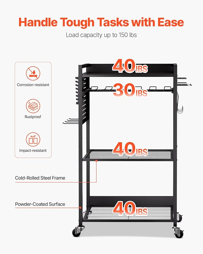 VEVOR 4-Tier Tool Organizer Cart, 150 lbs Load Capacity, Floor Stand Rolling Drill Holder and Stability Storage Rack, Heavy Duty Garage Floor Rolling Storage Cart for Workshop, Garage, Black