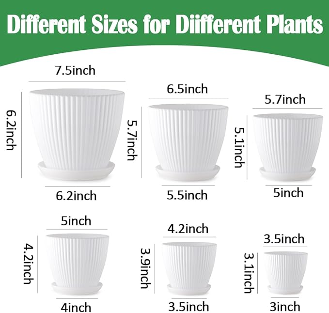 RooTrimmer 7.5/6.5/5.5/4.9/4.2/3.5 Inch Plant Pots with Drainage Holes and Saucer, Plastic Flower Pots for Indoor Plants, Lightweight Planter Pots for Plants, White