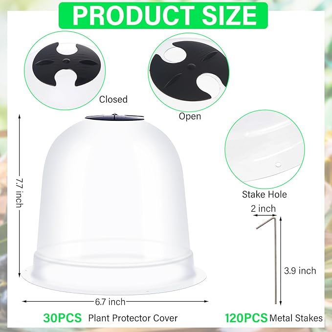 Zopeal 30 Pcs Small Garden Cloche Humidity Plant Dome 7.68'' Dia x 6.7'' H Reusable Thick Garden Protector Bell Covers Clear Plastic Dome Mini Greenhouses with 80 Securing Pegs for Winter Outdoor Seed