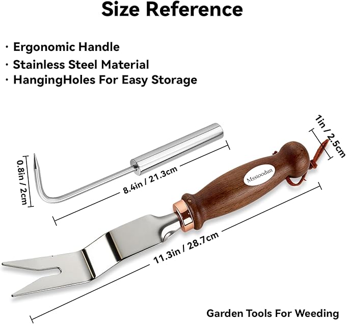 2 PCS Hand Weeder Tool Set with Bonus Stainless Steel Root Hook – Garden Weed Pullers with Ergonomic Wood Handles, 11.3" Dandelions & Daisy Grubber Forks for Lawns, Flower Beds & Vegetable Gardens