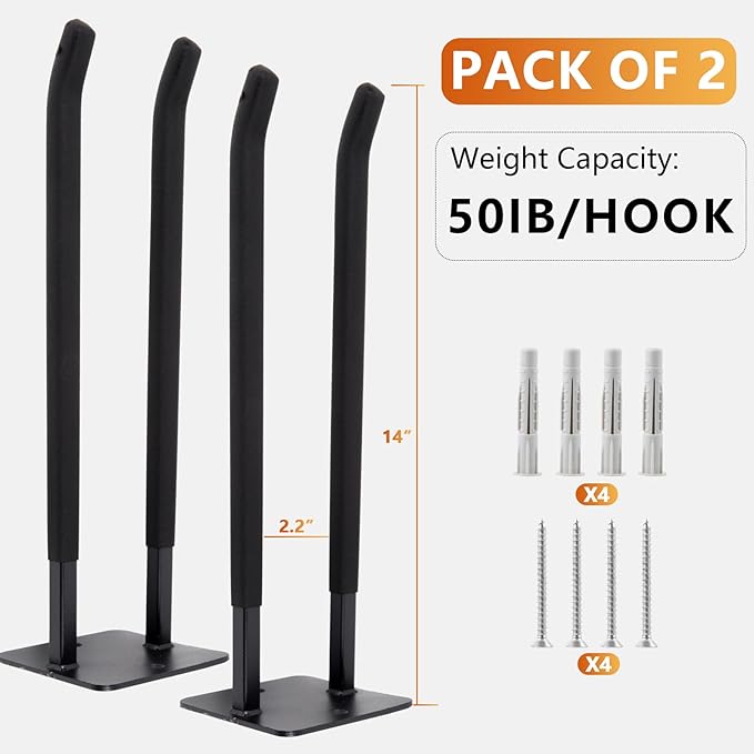 Sinoer Heavy Duty Double Garage Hooks 14 Inch Wall Mount Steel Utility Hooks, Tool Organizer for Ladders, Chairs, Ropes, Tires & Strollers (2 Pack)