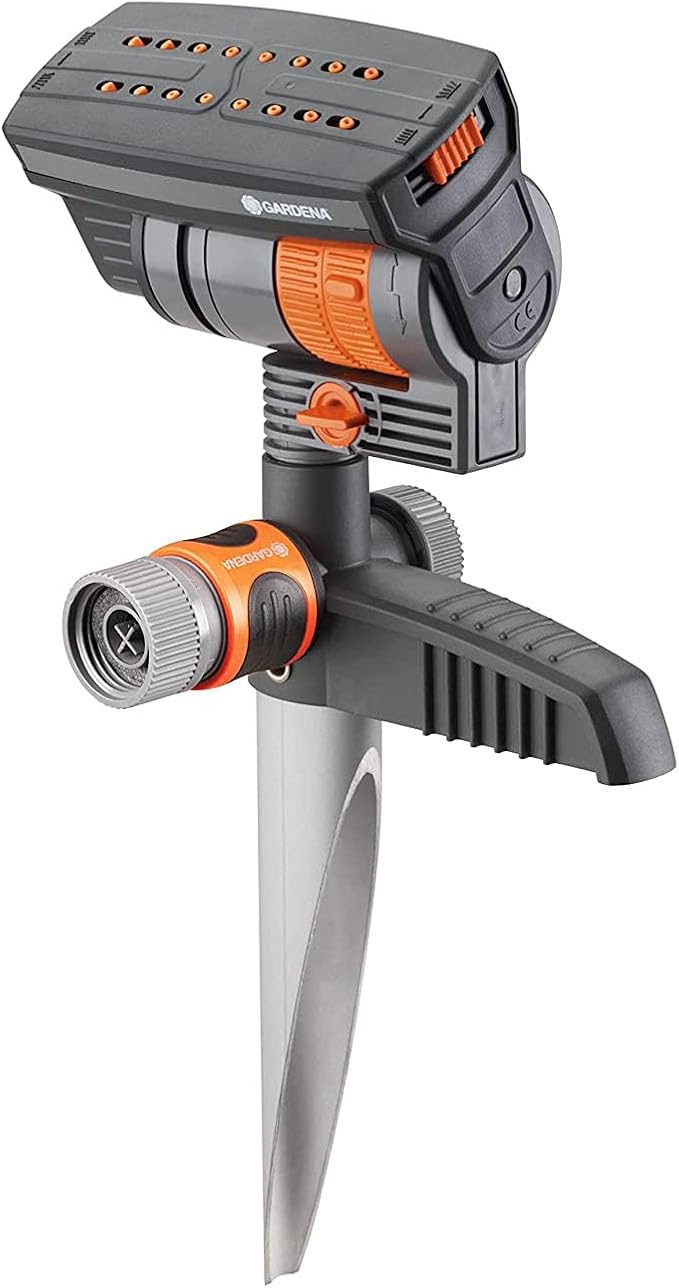 GARDENA 20575 | Up to 2300 sq ft - ZoomMaxx Adjustable Oscillating Sprinkler on Metal Step Spike with US Hose Threads for Watering Large Area Lawn, Yard and Garden. Quick Connect Included.