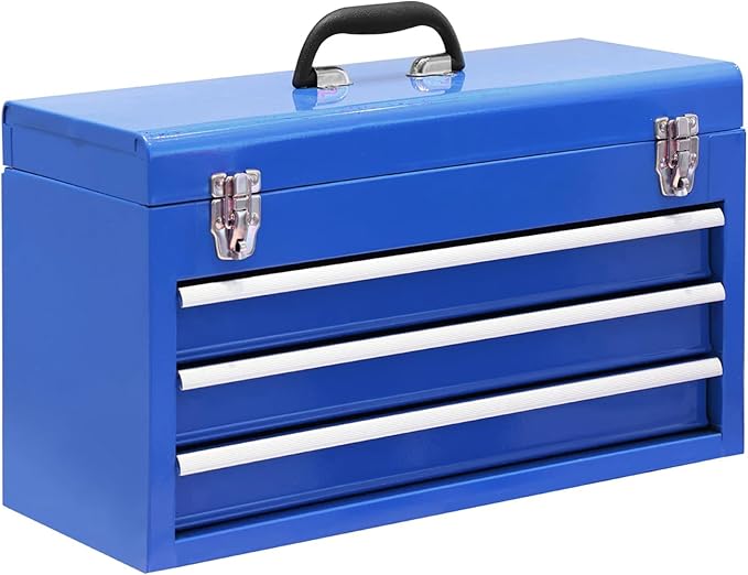 3 Drawer 20“ Metal Tool Box Portable Steel Tool Chest with Metal Latch Closure for Garage, Home and Workbench, Blue