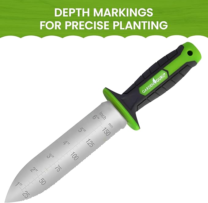 Garden Guru Hori Hori Garden Knife with Ergonomic Handle for Weeding, Digging, Pruning & Cultivating, Stainless Steel Blade with Serrated Edge & Depth Markings for Measuring Planting Depth
