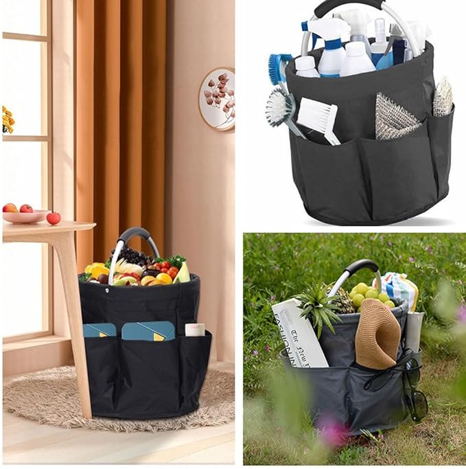 Gardening Tote Bag,Foldable Garden Tool Storage Bag Tool Organizer with 6 Exterior Pockets Wear-resistant & Reusable for Camping Picnicing Gardening Yard Lawn Work (Black)
