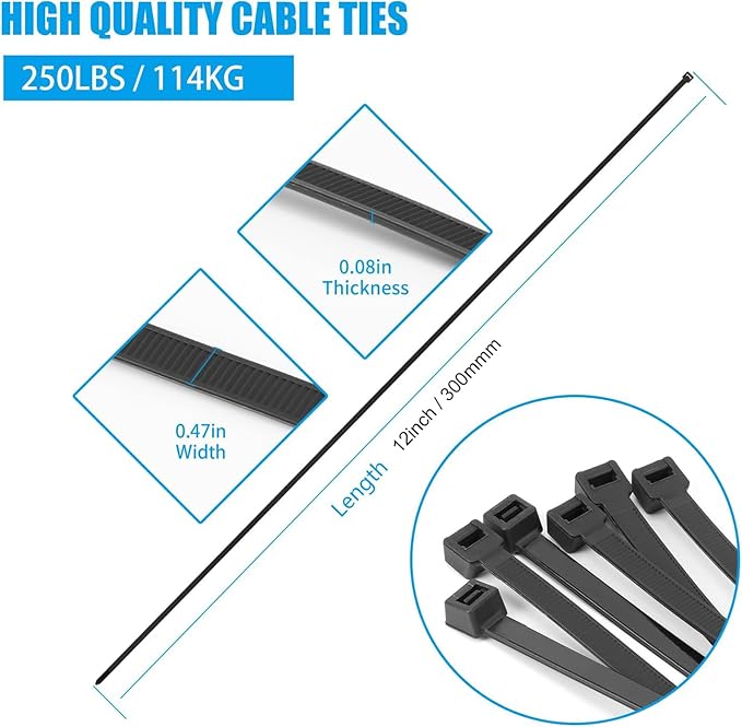 12 inch Orange Zip Ties Heavy Duty 100 PCS, 250 LBS Ultra Exclusive Strong Plastic Wire Ties, Large Cable Ties Extra Long Tie Wraps, Indoor and Outdoor UV Resistant