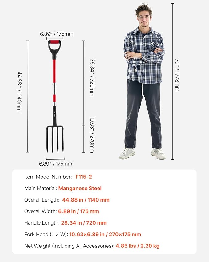 VEVOR Garden Fork, 4-Tine Gardening Pitchfork with Fiberglass Handle, 45 in Heavy Duty Digging Fork with Y Grip, Forged Steel Spading Fork for Hay Potato Composting Transplanting Aeration