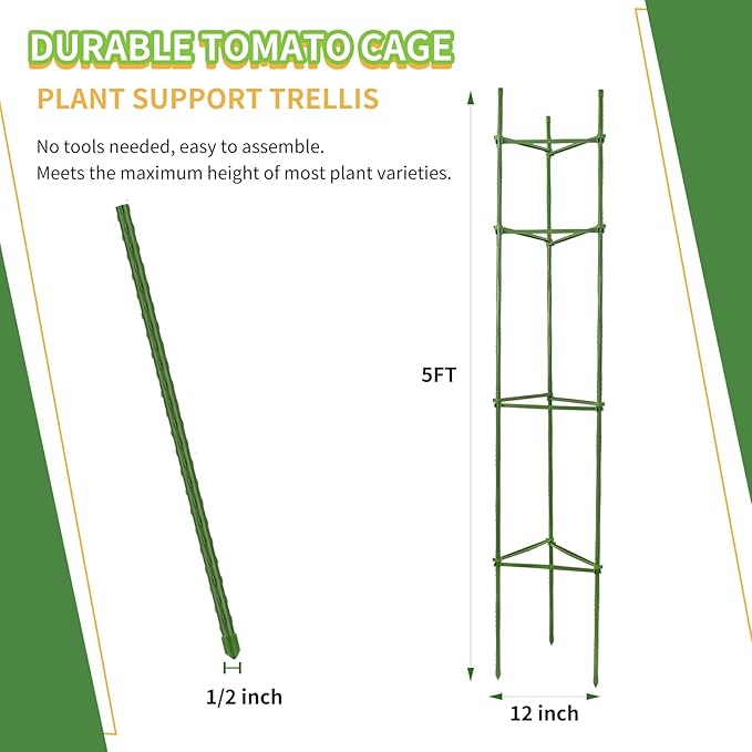 G-LEAF 6 Pack 5ft Tomato Cage for Garden Plant Support, Garden Stakes Tomato Cage, Tomato Cages Plant Stakes for Climbing Plants