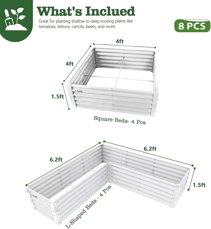 A ANLEOLIFE 8-Piece 18 Inch Tall Antique White Raised Garden Beds Kit, L-Shaped & Square Metal Planters – Ideal for Structured Backyard Layouts
