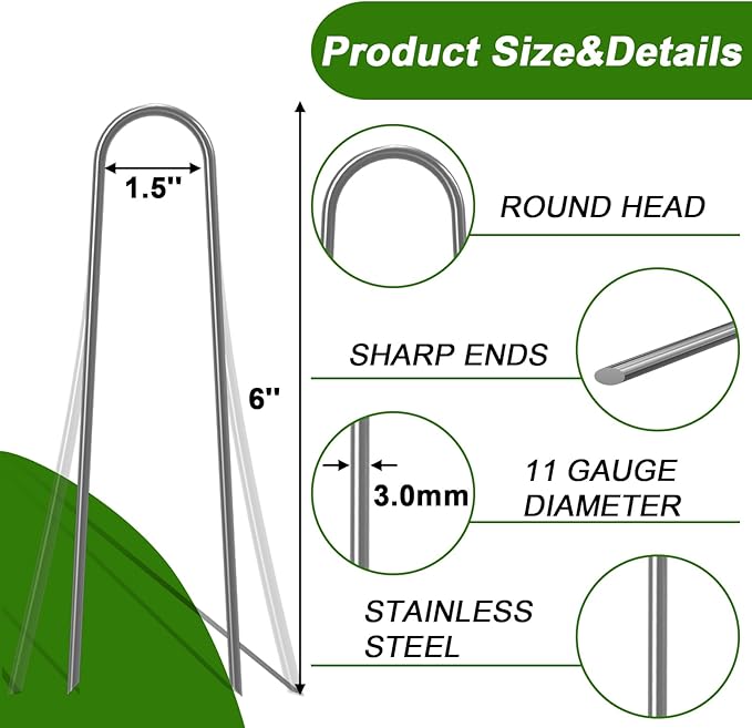 AAGUT Garden Stakes, Yard Landscape Staples Heavy Duty Galvanized 11-Gauge 6 Inch Lawn U Pins for Dog Fence,Tubing Drip Irrigation Hose, Chicken Wire, Weed Barrier Fabric 200 Pack