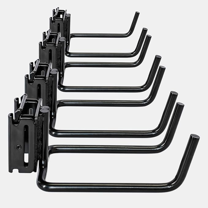 4-Pack E-Track Double Fitting J-Hooks, 4" Wide & 5.5" Deep Stable E Track Double J Hooks with Dual Fittings, Heavy Duty Shovel Hanger for Trailers, Trucks, Garden Tools Organizers Storage