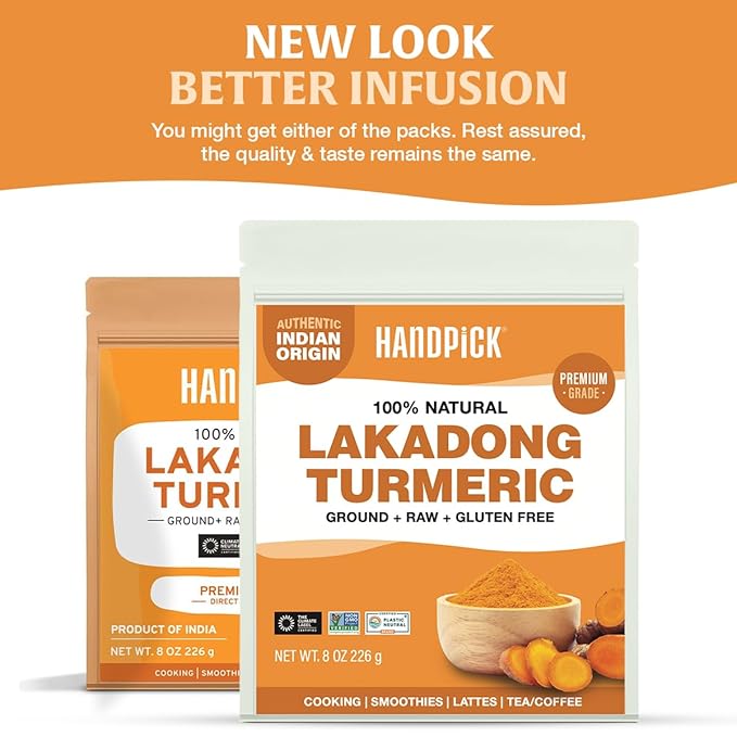 HANDPICK Lakadong High Curcumin Turmeric Powder (226g/ 8oz) Non GMO, Gluten Free, 100% Raw, Sourced from India, High Curcumin, Premium Quality, Packed in Resealable Ziplock Pouch