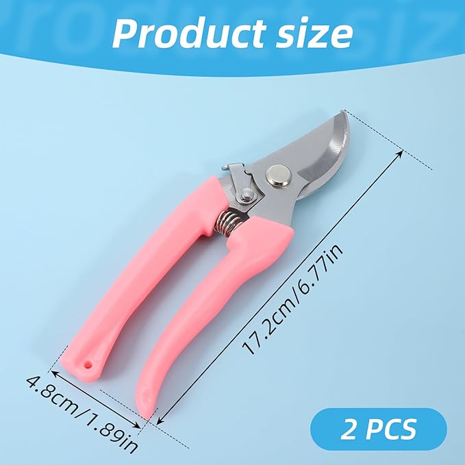 2 Pieces Garden Pruning Shears - Curved Pink Handle Scissors for Flower Cutting, Plant Trimming, Bonsai Care, and Fruit Picking - Heavy Duty 6.8-inch Gardening Tools