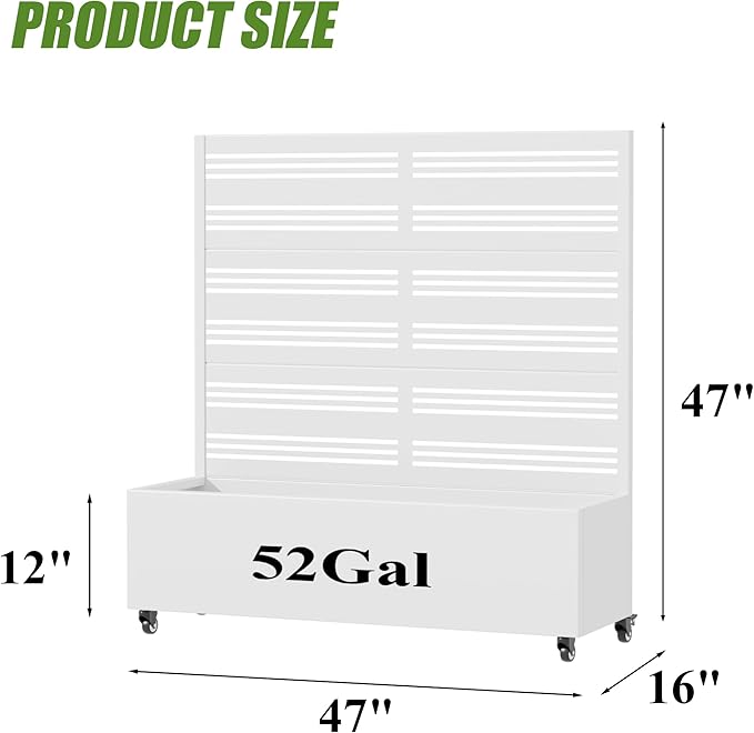 Casaphoria Metal Raised Garden Bed with Trellis and Wheels, 47"x47"x16" Planter Box for Climbing Plants, Vegetables & Vines, Features Drainage Holes and Privacy Screen, White-Harold