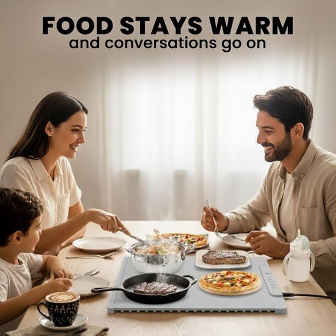 17"x15" Dark Gray Electric Food Warming Silicone Mat - 10 sec Fast & Even Heating Tray - Upto 10 Hrs Timer, 50-100°C Adjustable Temp, Child Lock & Safety Edge - Portable Kitchen Countertop Warmer Pad