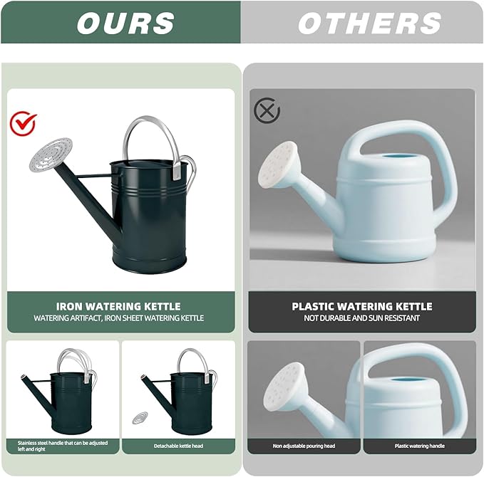 Metal Watering Can for Outdoor Plants, 1.7 Gallon Dark Green Garden Watering Can for Flower, Houseplants, Galvanized Finish