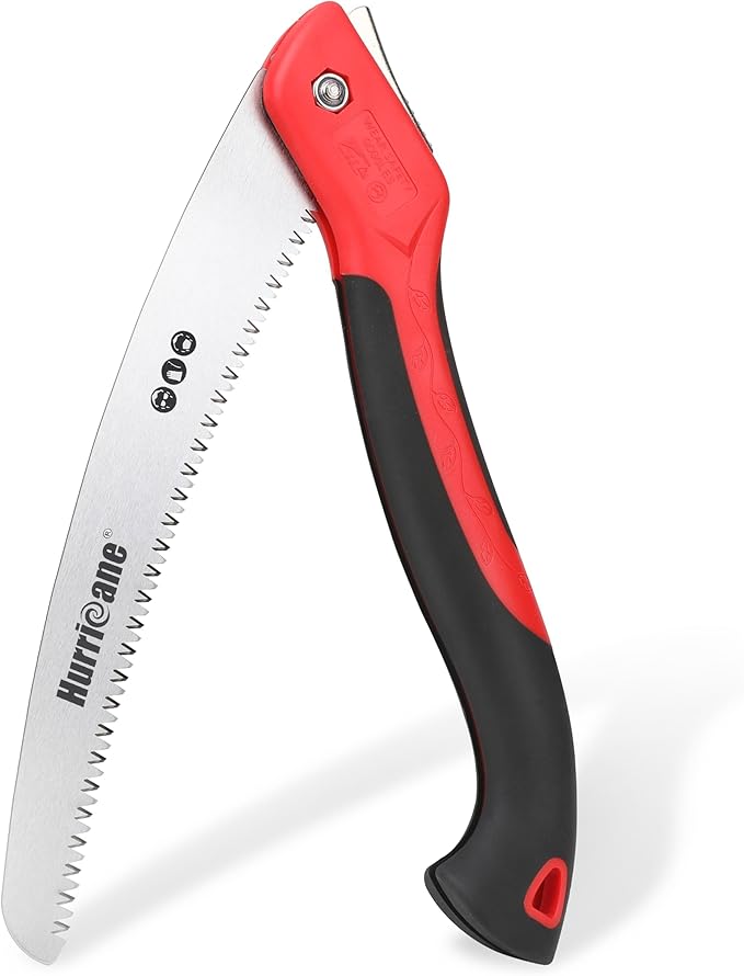 HURRICANE Folding Saw/10 Inch Pruning Implement/Wood-Cutting Gear/Camping Tree Cutter with SK5 Curved Blade/Triple-cut Razor Teeth/Outdoor Portable Cutter for Tree Trimming Gardening Hiking